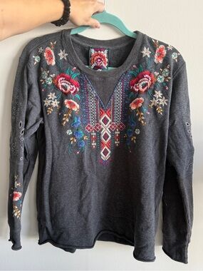 Johnny Was Charcoal Crewneck Sweater with Multicolor Floral Embroidery